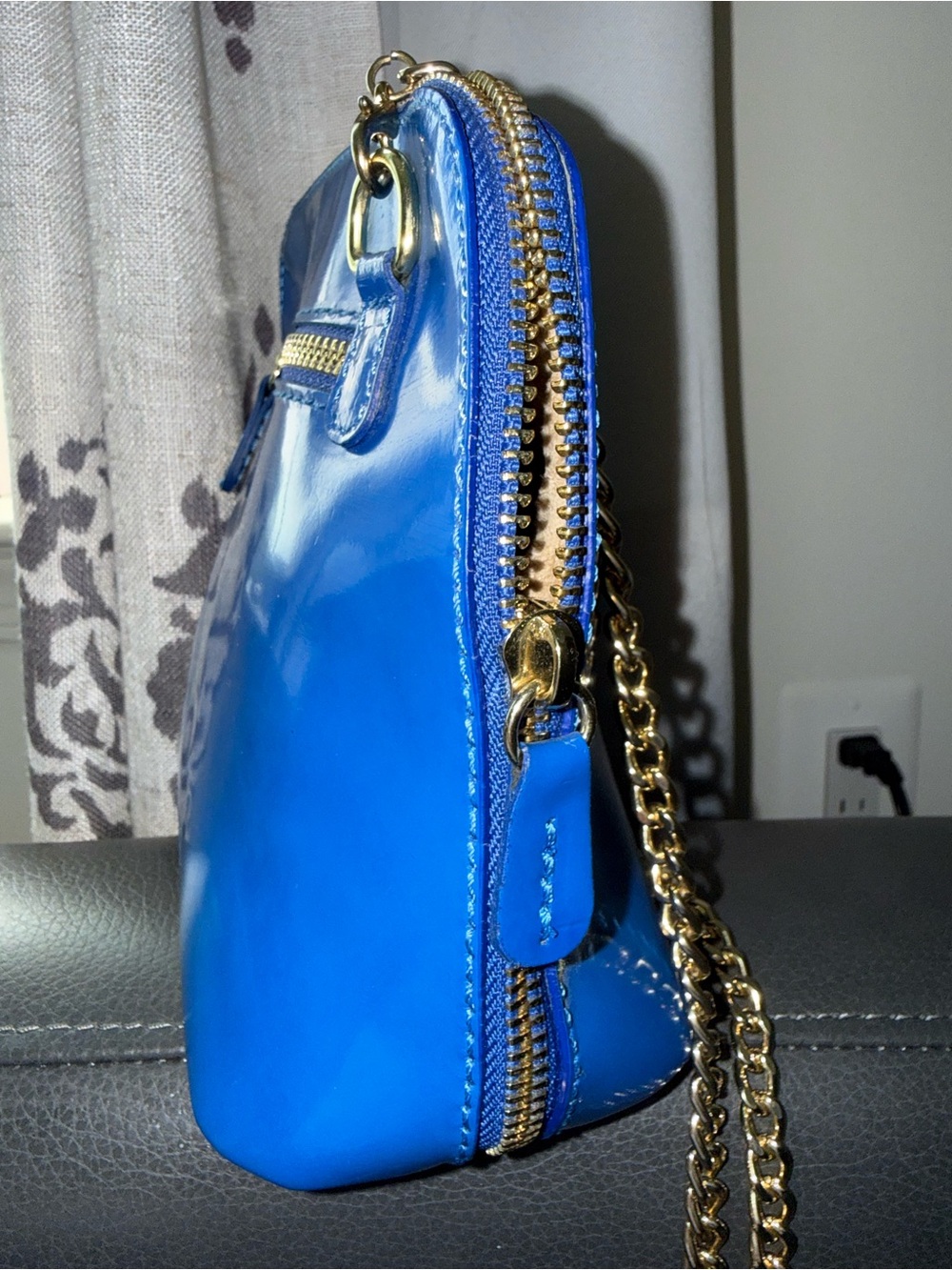 Patent Blue Crossbody with Gold Crest Accent - Picture 7 of 15